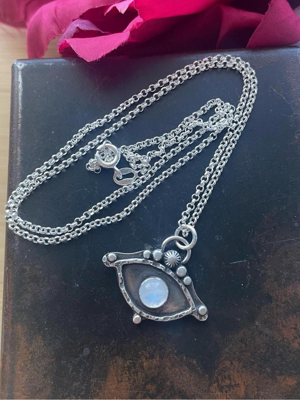 Evil Eye Rainbow Moonstone Protection Pendant Necklace ~20ā - Picture 5 of 7
